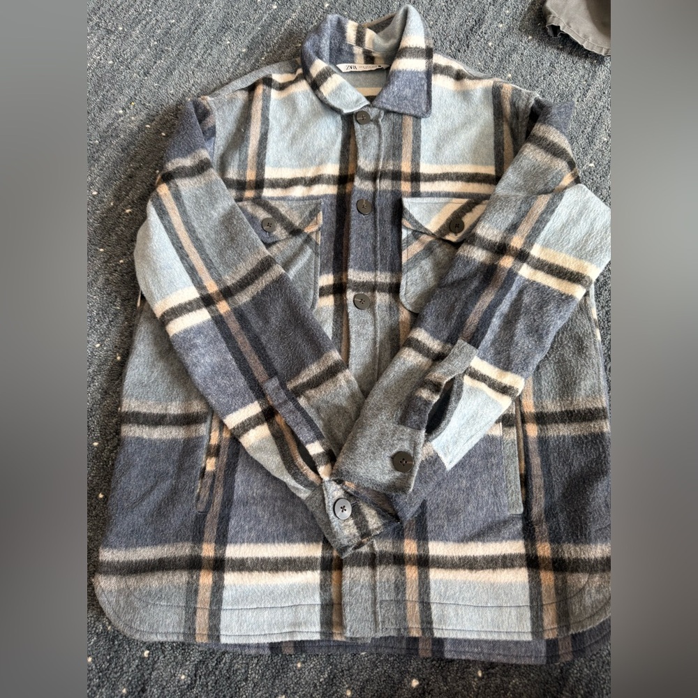 Zara Light Blue and Gray Plaid Shirt Jacket